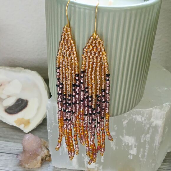 Long Beaded Fringe Dangle Earrings, Seed Bead Statement Boho Chic Jewelry 5.5" - Picture 9 of 10